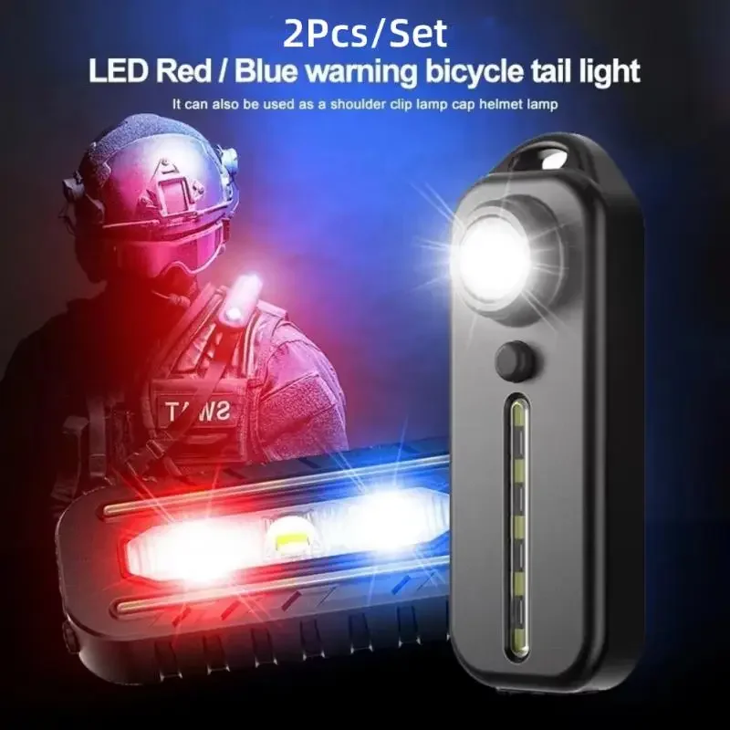 2Pcs LED Red Blue Shoulder Police Light with Clip USB Charging Flashing Warning Safety Flashlight Torch Bike Warn LANTERN Light