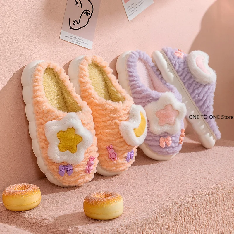 

Women's Cute Fluffy Plush Home Slippers Star Moon Embroidery Cottton Slippers Winter Warm Couple's Non-Slip Bedroom Slippers NEW