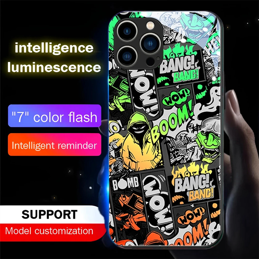 So Cool Graffiti Pattern Sound Music Control Led Light Phone Case For iPhone 15 14 13 12 11 Pro Max XR XS Plus 6 7 8 SE2020