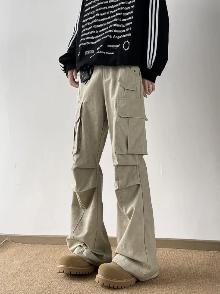 

Мужские рабочие брюки в американском ретро-стиле с множеством карманов, удлиненные, весенне-осенние, с дизайнерскими складками, свободного кроя, повседневные брюки