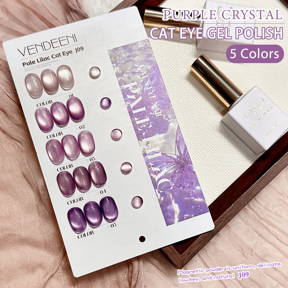 

Vendeeni 5 Colors/set Pure Purple Crystal Cat Eye Gel Nail Polish UV LED Transparent Magnetic Nail Varnish With Color Card