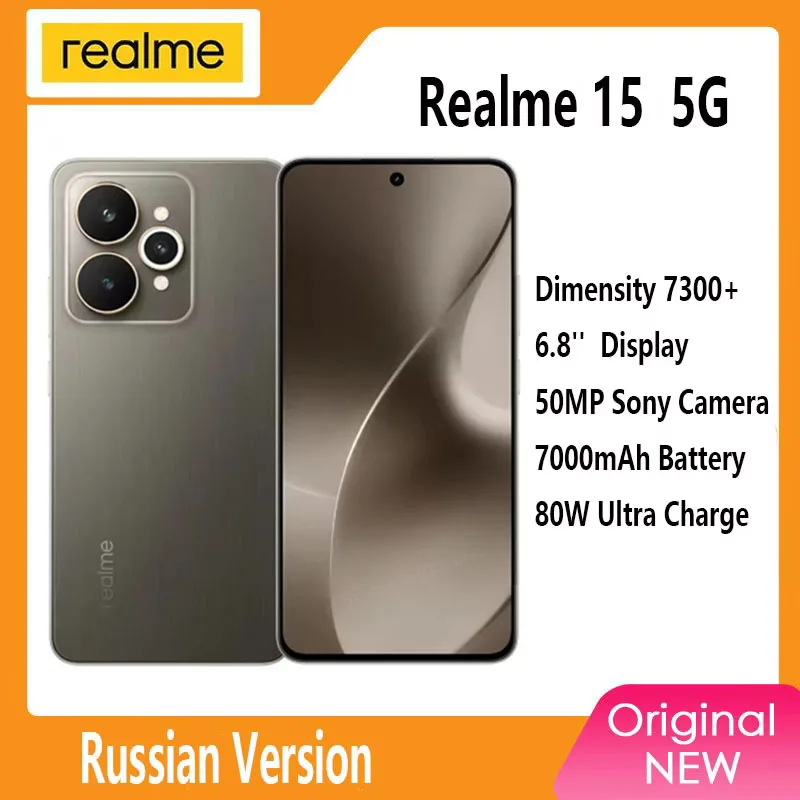 Realme 15 5G, русская версия, размер 7300 Plus, восьмиядерный мобильный телефон, AMOLED-дисплей 6,8 дюйма, 144 Гц, камера 7000 мАч, 50 МП, зарядка 80 Вт