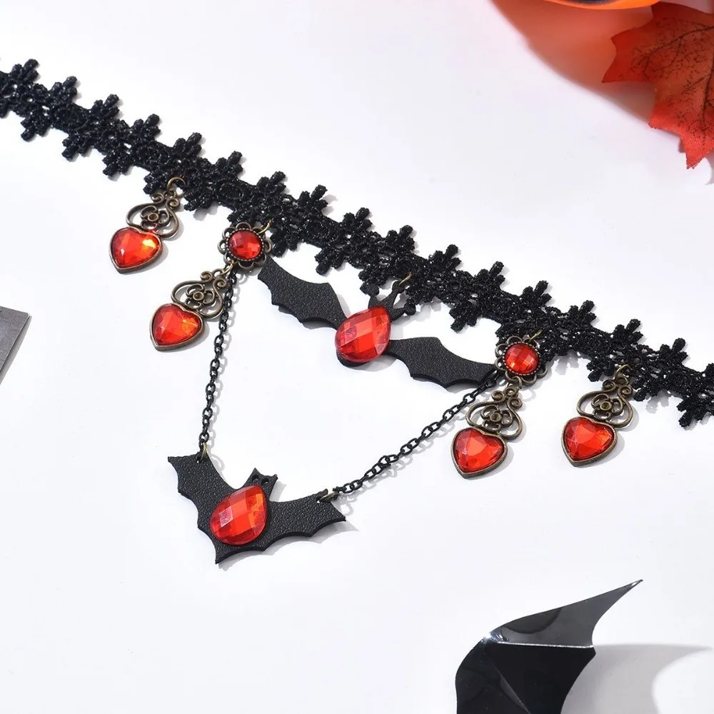 Vintage Gothic Choker Red Rhinestone Heart Black Beaded Flowers Halloween Necklace Adjustable Dark Style Bat Earrings