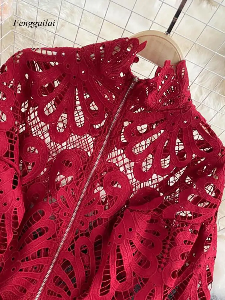 Seksowna koronkowa Hollow Out krótka bluzka Casual latarnia z długim rękawem stojak koszule kołnierzykowe kobiece eleganckie czerwone/różowe/białe