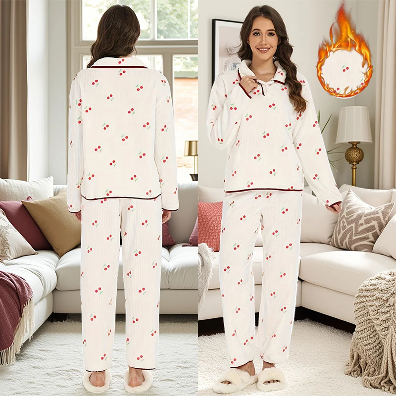

Комплект из двух предметов: бархатный флисовый пижамный костюм с вишневым принтом, женский комплект брюк с длинными рукавами, топ и брюки с эластичной резинкой на талии, домашняя одежда