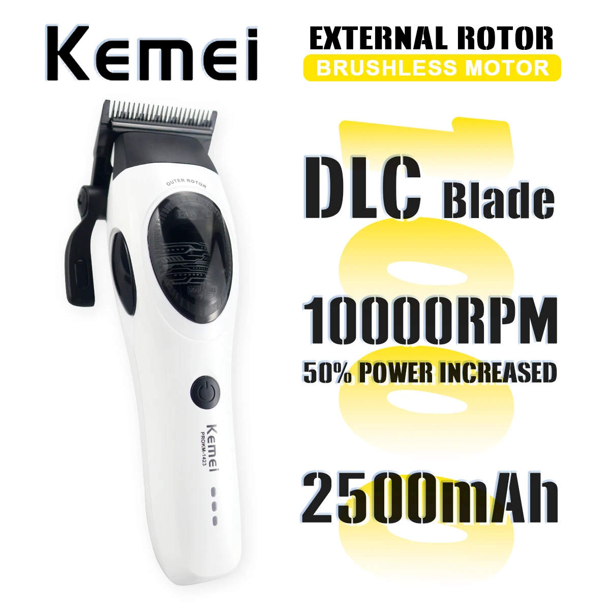 Kemei KM-1423 Men's Hair Clipper DLC Blade 10000RPM External Rotor Brushless Motor Fade Blade Professional Barber Machines