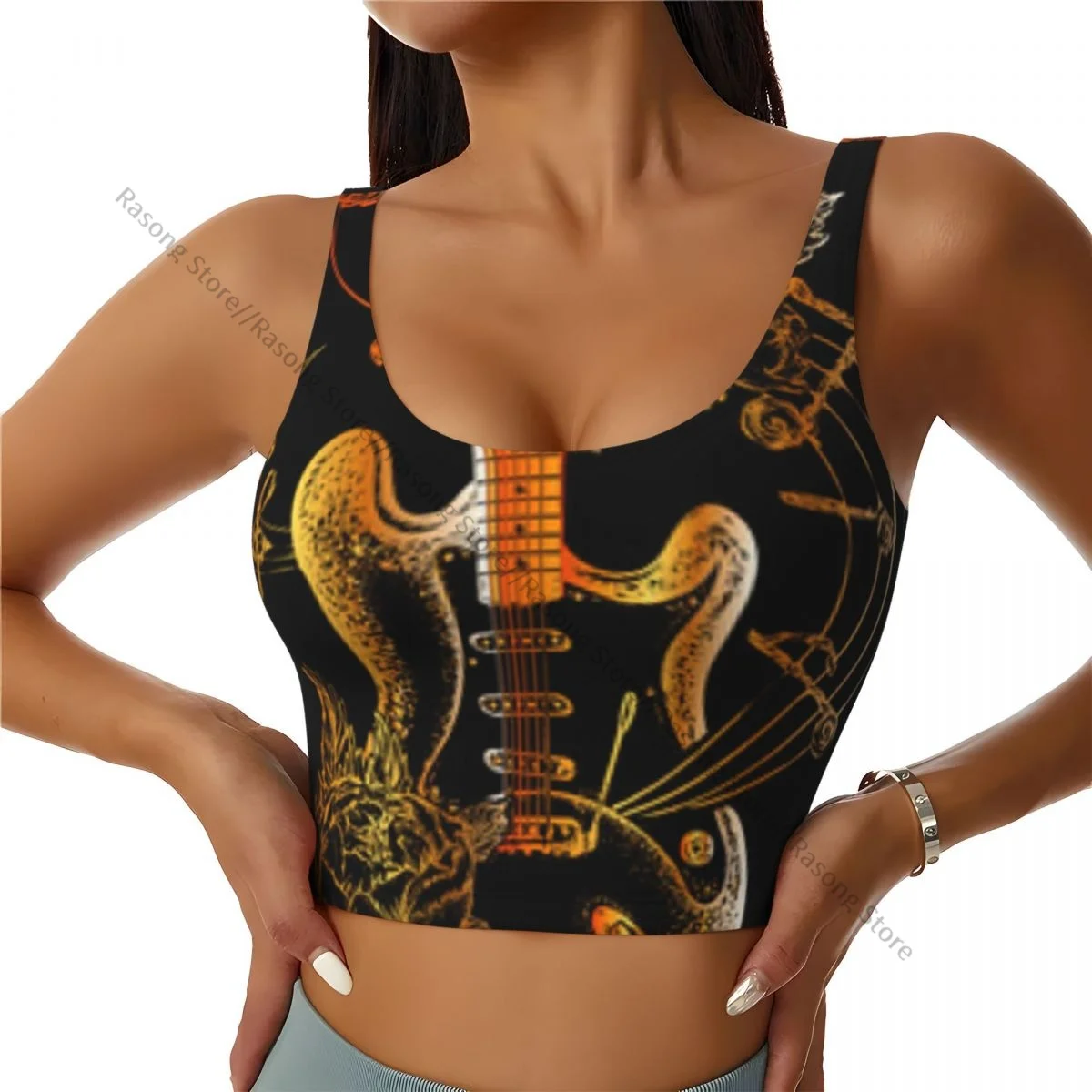 Sports Bra Women Running Yoga Clothes Vest Electric Guitar Roses And Music Notes Gathering Fitness Vest