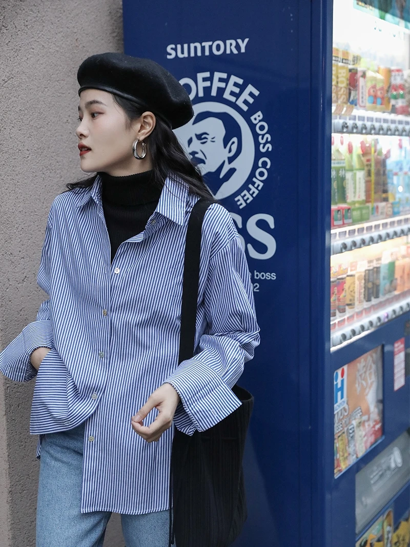 

Blue Striped Women's irt Long Sve Inner Wear Layering Top Korean Sle Straight Cut Button Detail Collar Spring Out...