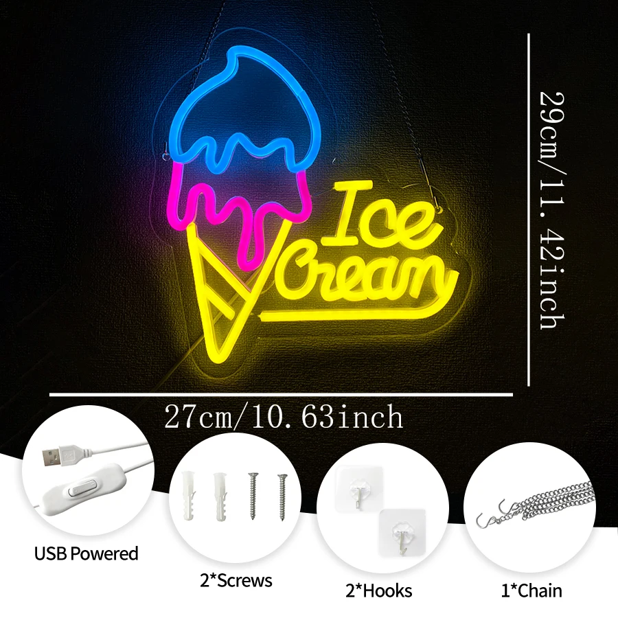 Ice Cream Cone Shape LED Neon Sign,  USB Powered for Dessert Themed Party Home Decor Christmas Birthday Gift Wall Decor