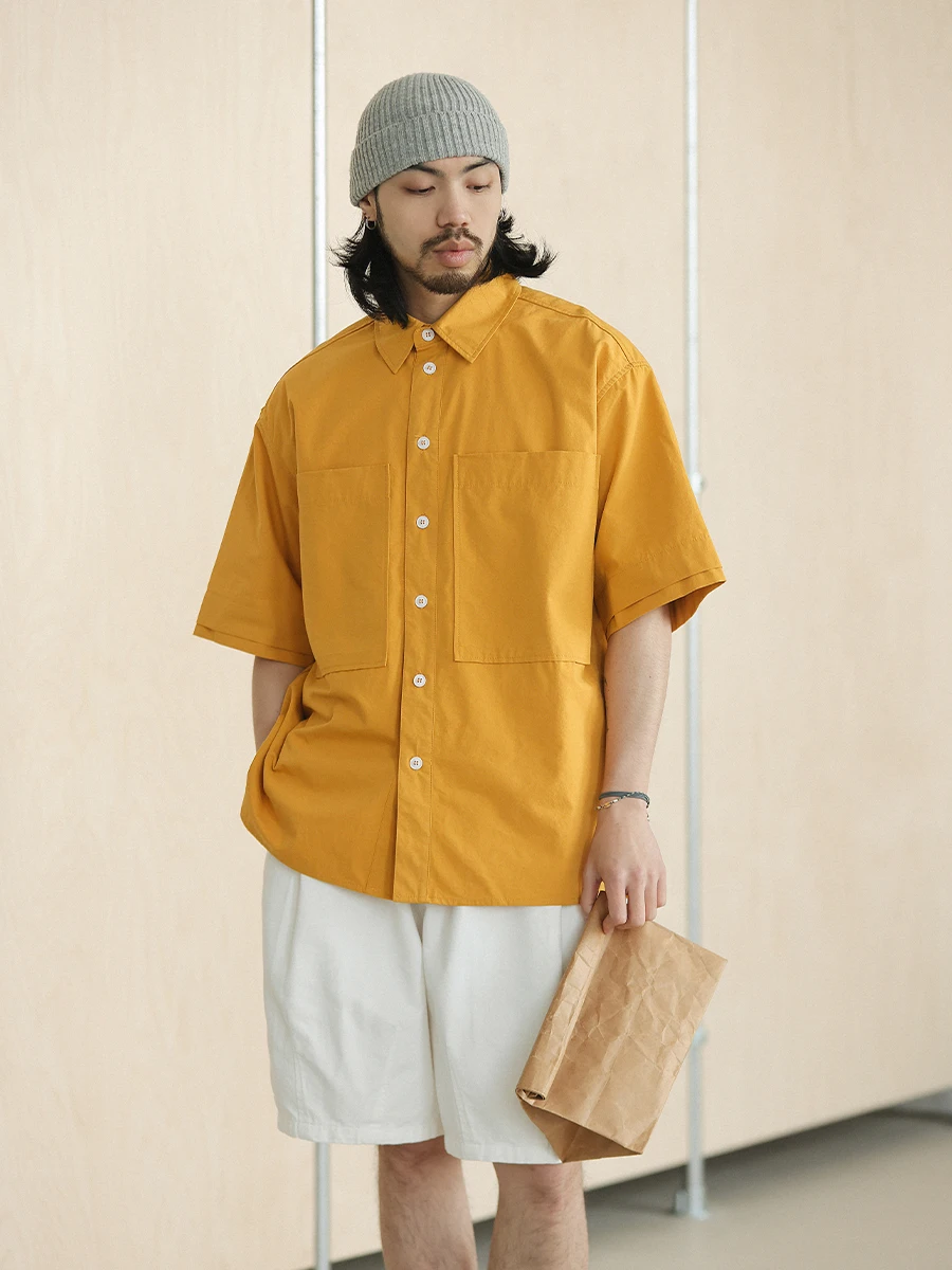 

Японская винтажная свободная рубашка Noears в рабочем стиле с коротким рукавом, весна-лето, с нашивками, квадратным воротником, коротким рукавом, отложным воротником.