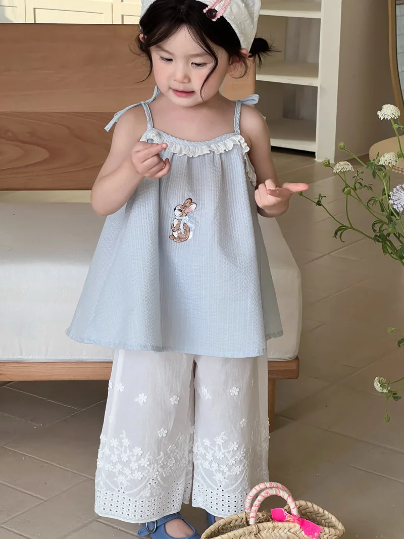 

2025 Summer New Cute Girls Lace Sling Vest Sleeveless Children T Shirts Cotton Princess Tops Baby Girl Cotton Tee