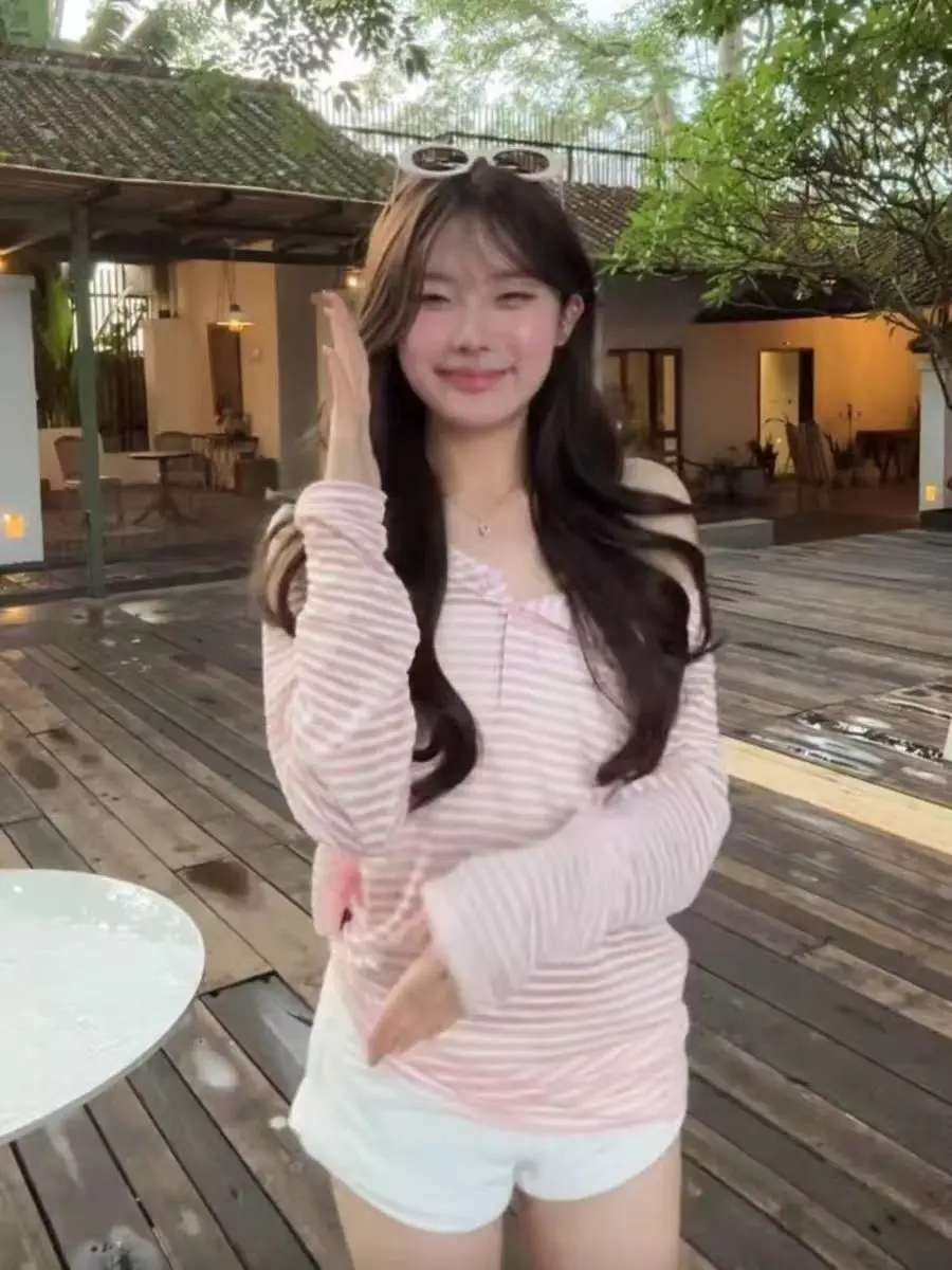 تي شيرت نسائي كبير الحجم بأكمام طويلة بحافة مطوية ربيعية وخصر برباط للسيدات الحضرية بطبقات فنية نظيفة وبسيطة وحديثة #5