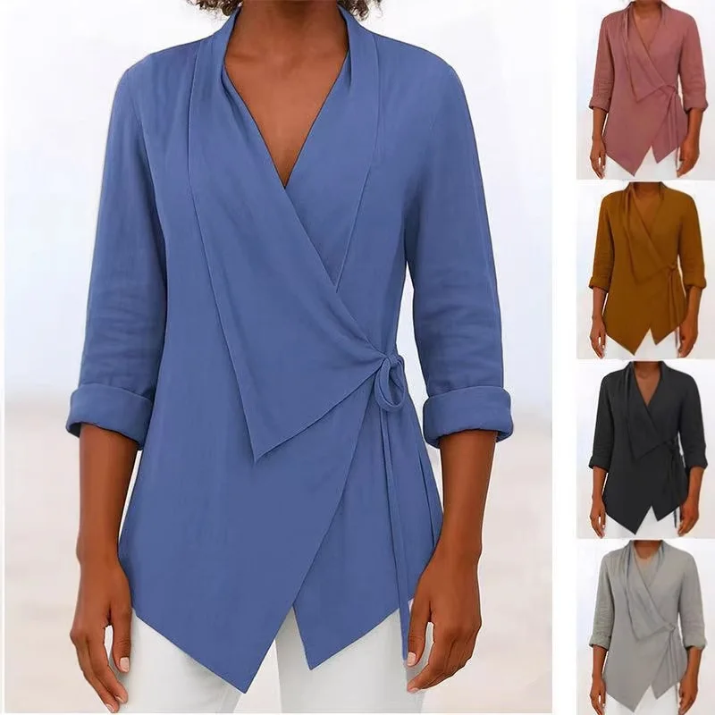 

Женская повседневная блузка из хлопка и льна, свободного кроя, с длинными рукавами и шнуровкой, блузка для женщин