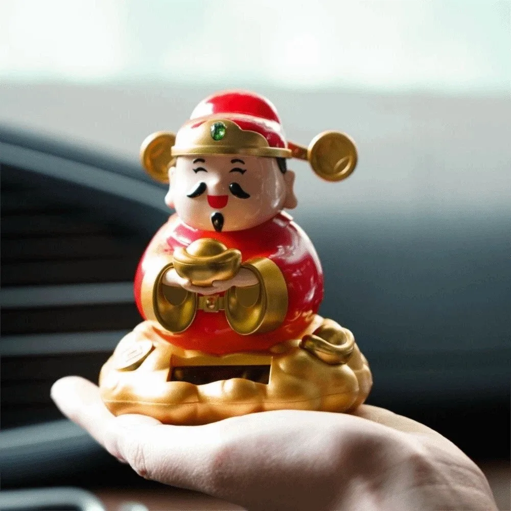 Chinese Style God of Wealth Ornament Solar Powered Wealth Attracting Treasure God of Fortune Sculpture Auto Shaking Cute