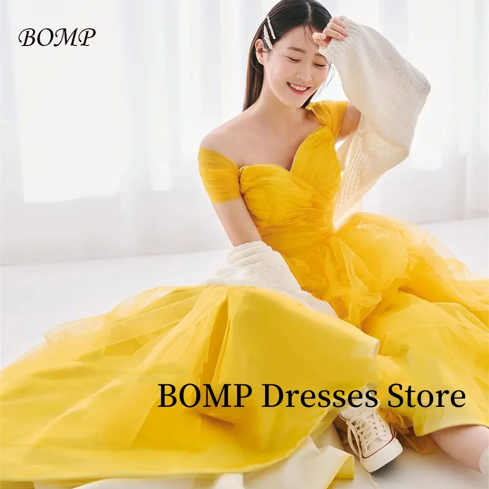 

BOMP Sweetheart Lemon Yellow Korea Wedding Dresses Off Shoulder Soft Tulle Reception Gown Photos Shoot Customized Bride Dress