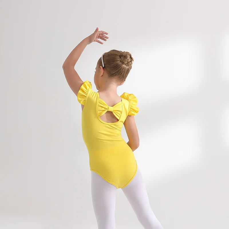 Solid Ballet Dress Gymnastics Leotards for Girls Kids Puff Sleeve Ballet Dancewear Mesh Tutu Skirts Kids Bowknot Dance Leotards