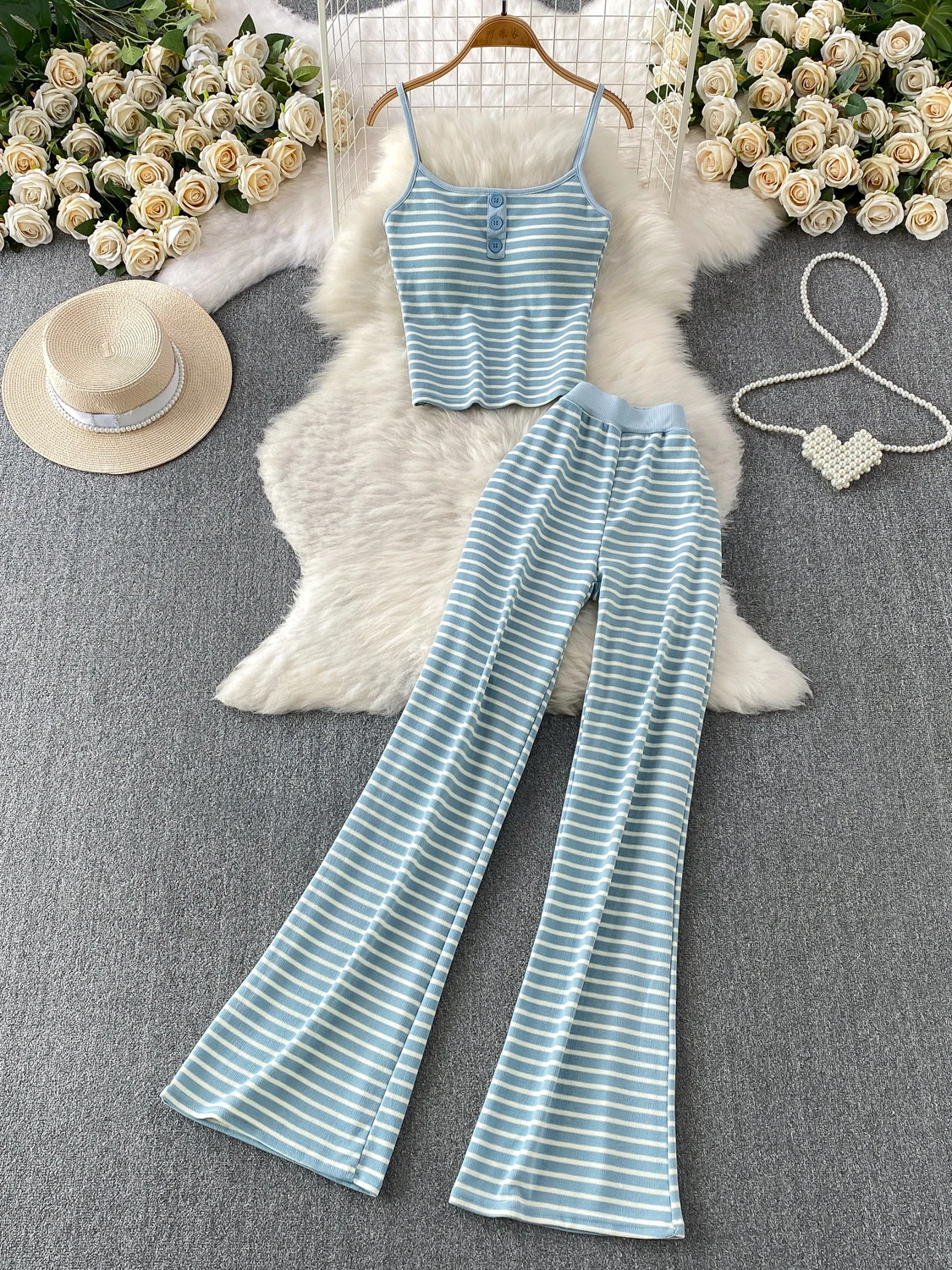 

Spicy Girl Style Striped Wrap Chest Pad Tank Top High Waist Slim Wide Leg Pants Two Piece Set Commute Style Women's Fashion Set
