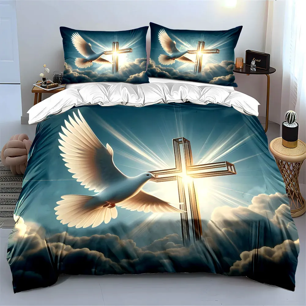 Dove and Radiant Cross Print Soft Comfortable Duvet Cover Bedding Set Included 1*Duvet Cover  2*Pillowcases Luxury gifts