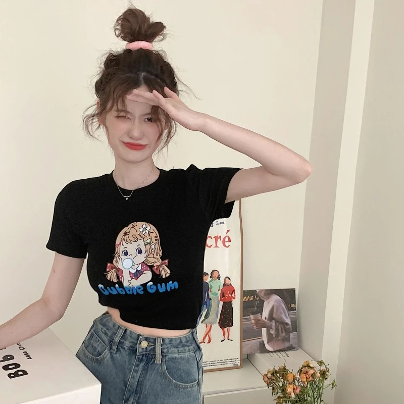 Slim Short T-shirts Women 2024 Spring and Summer New O-neck Short-sleeved Letter Printed Sweet Student Daily Fashion Tees Female