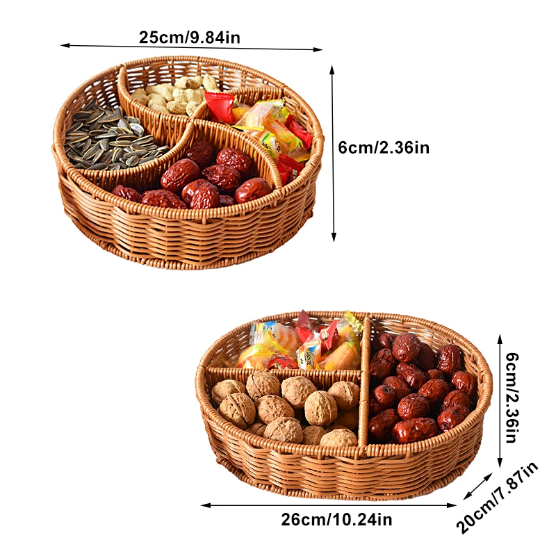 Imitation Rattan Woven Basket Snack Basket Reinforced Storage Basket Bread Basket Fruit Tray Round Three-cell Display Basket