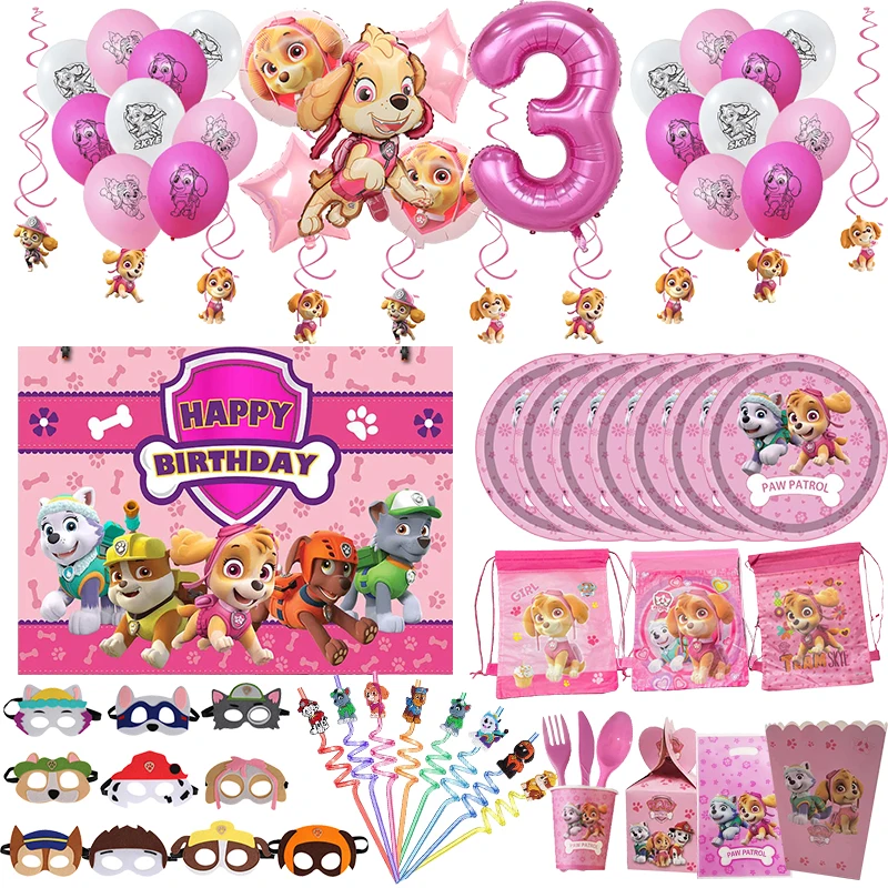 Pink Paw Patrol Skye Birthday Party Decorations Skye Foil Latex Balloons Tableware Backdrop PVC Straws Masks Girl Party Supplies