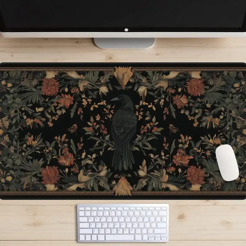 Large Crow Medieval Desk Mat, Blackbird Castle Decor Mousepad, Office Gadgets Gaming Playmat for Desktop Setup