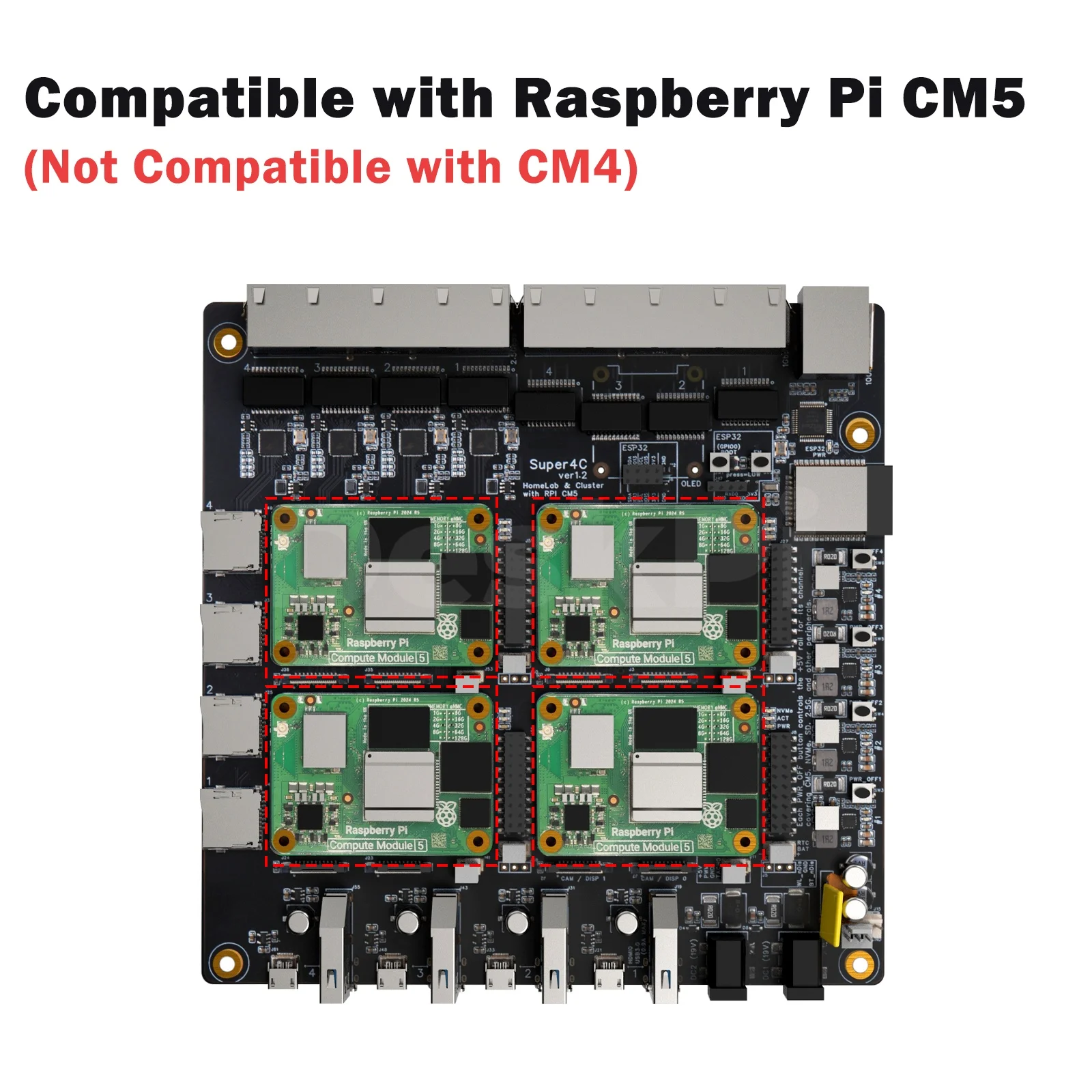 DeskPi Super4C Raspberry Pi CM5 Cluster Mini-ITX Board, ESP32-WROOM-32E-N4 Module, Supports 2.4GHz Wi-Fi + Bluetooth, Power Supp