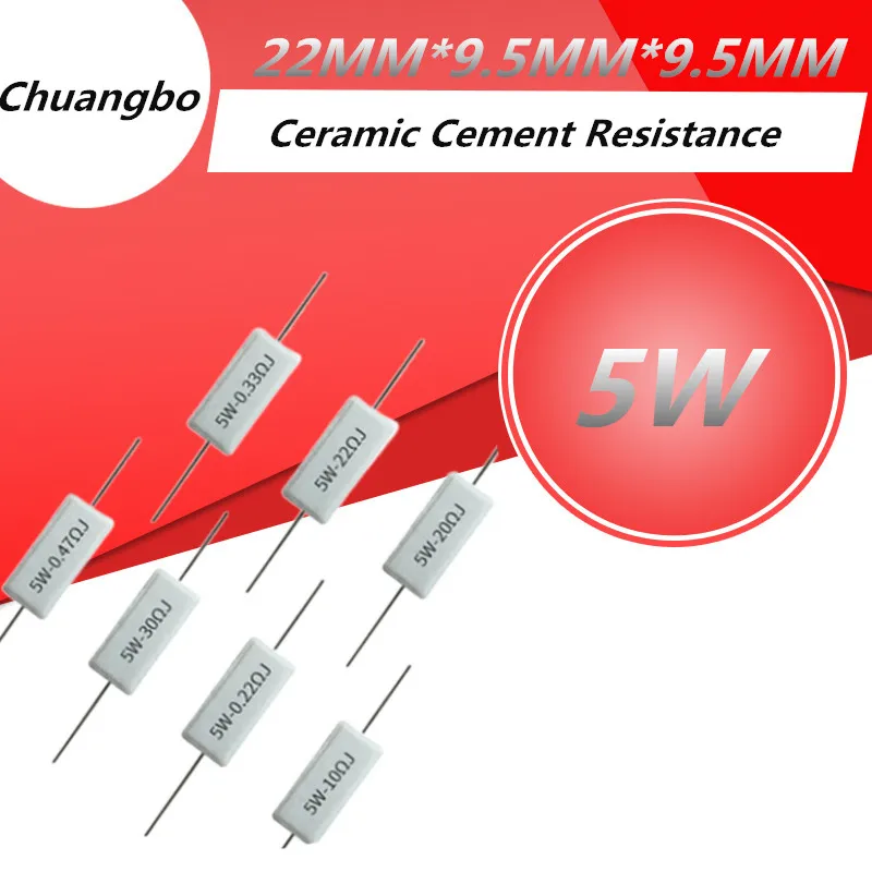 Resistencia de cemento cerámico 5%, 5W, 0,1 ~ 10K, 0.1R, 0.5R, 1R, 10R, 100R, 0,22, 0,33, 0,5, 1, 2, 5, 8, 10, 15, 20, 25, 30, 100, 1K, 10K ohm, 10