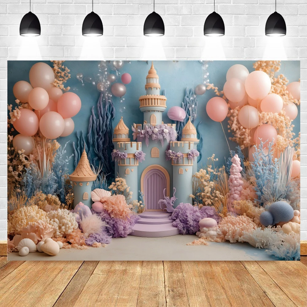 خلفيات حورية البحر للأطفال للصور الفوتوغرافية على شكل قلعة المحيط بالونات لحفلات أعياد الميلاد وحفلات استقبال المولود الجديد وخلفيات التصوير الفوتوغرافي
