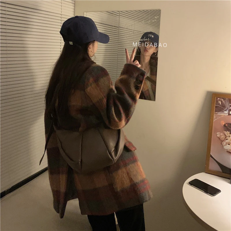 GIDYQ Vintage Plaid Woolen Jacket Women Y2k Streetwear Loose Quilted Suit Korean Oversized Casual Warm Blazer Outerwear Winter