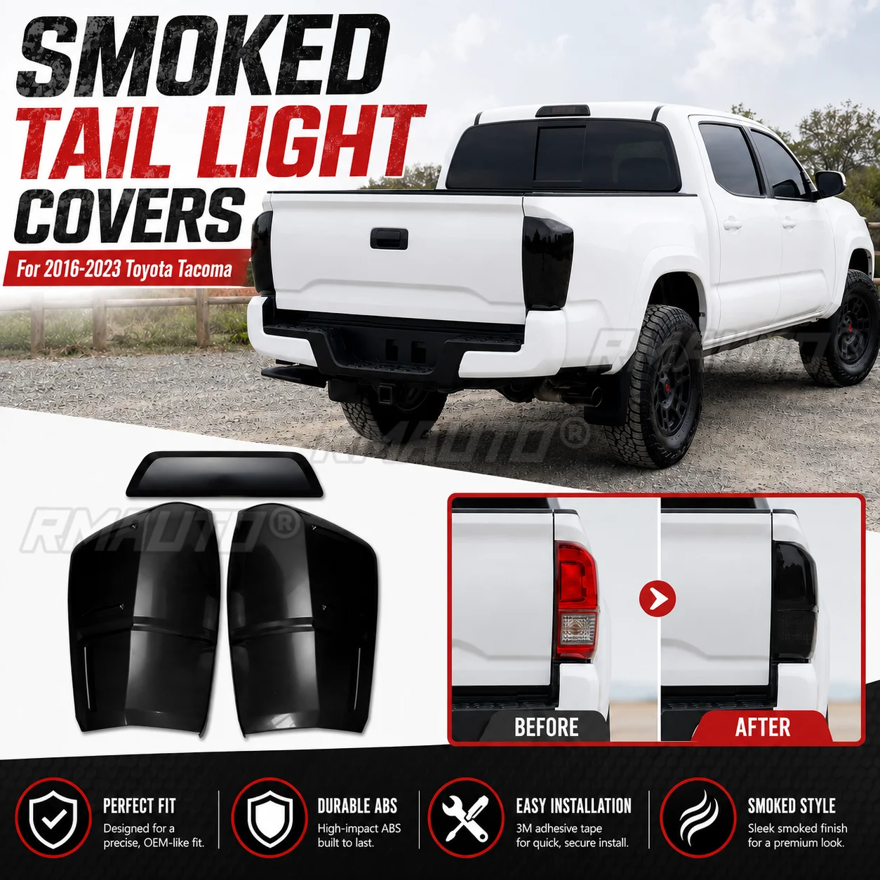 Smoked Tail Light Covers 3PCS Rear Lamp Protector Trim For Toyota Tacoma 2016-2023 Exterior Accessories
