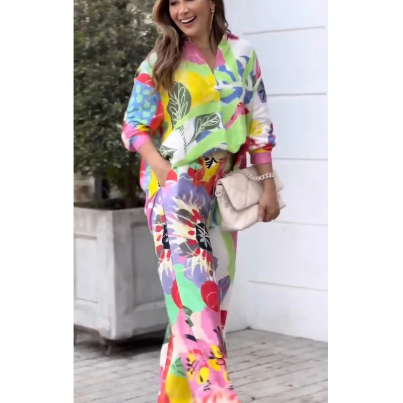 Fashion Color Print Two Piece Set Women Trendy Loose Long Sleeve Shirts Wide Legs Trousers 2 Piece Set Female  Commuting Suits