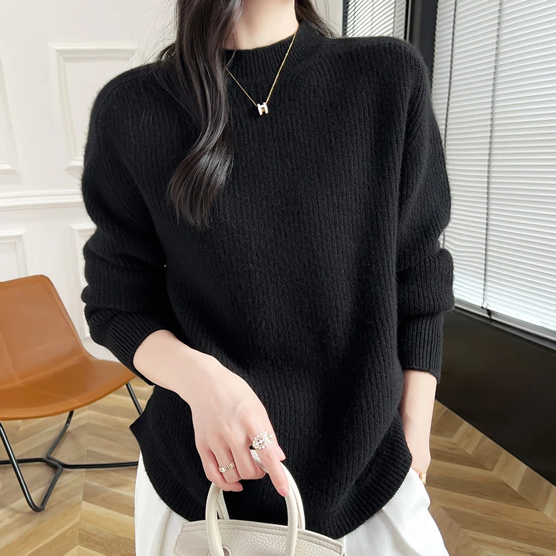 Autumn and winter new women's sweater 100% Merino wool sweater long sleeved pullover cashmere O-neck thick solid color loose top