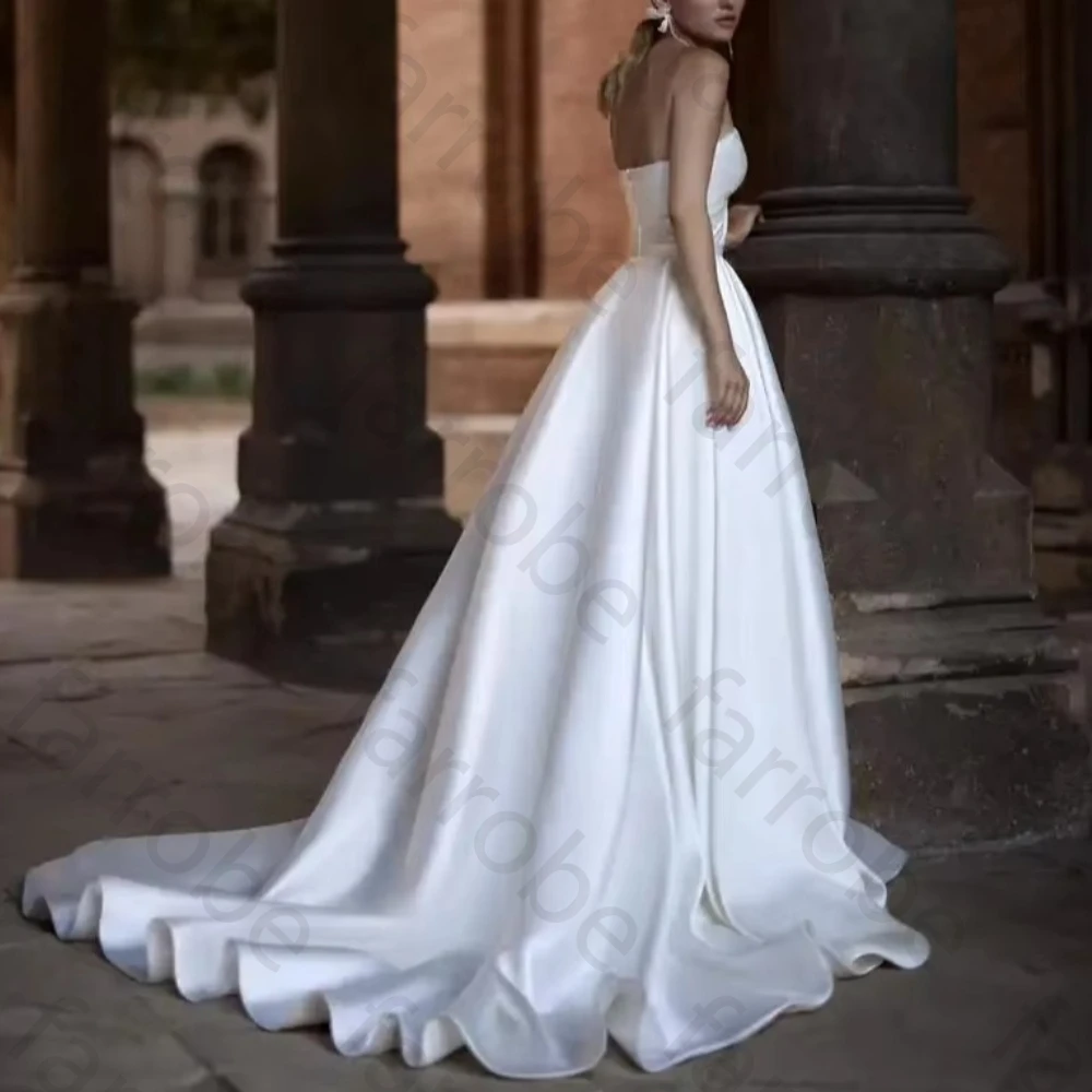 Customized Off Shoulder Sweetheart Neck Wedding Dresses Sexy Satin Backless Sleeveless Bridal Dress High Quality Prom Party Gown