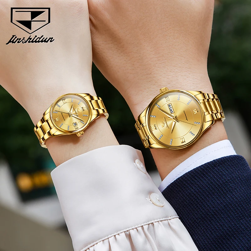 JSDUN Couple Watch Luxury Full Gold Automatic Mechanical Watches Luminous Waterproof Weekly Calendar Display Relogio Masculino