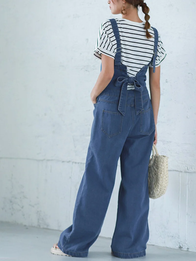 2024 New High Waist Slim Casual Jumpsuit Women Japan Style Sweet Bow Suspenders Denim Jeans Spring Autumn All-match Loose Pants