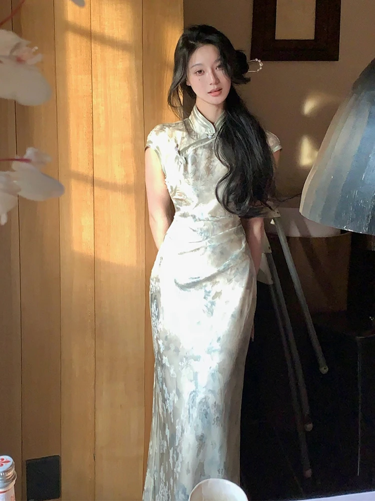 

New Chinese Sle Silk k Pattern Dr Summer Wearable Slim Fit Waist Embellied Svel Ladies Dr