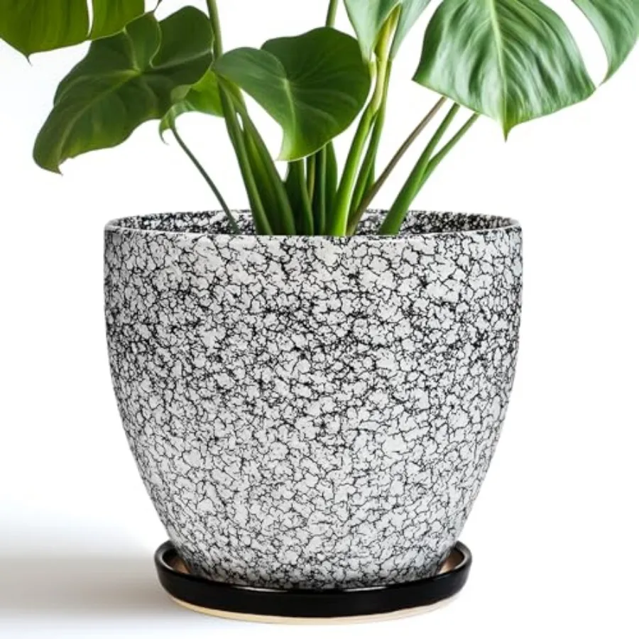 Ceraimc Plant Pot - Planter with Drainage and Saucer Modern Round Planter Flower Pot for door Outdoor Plants Home Room Garden A