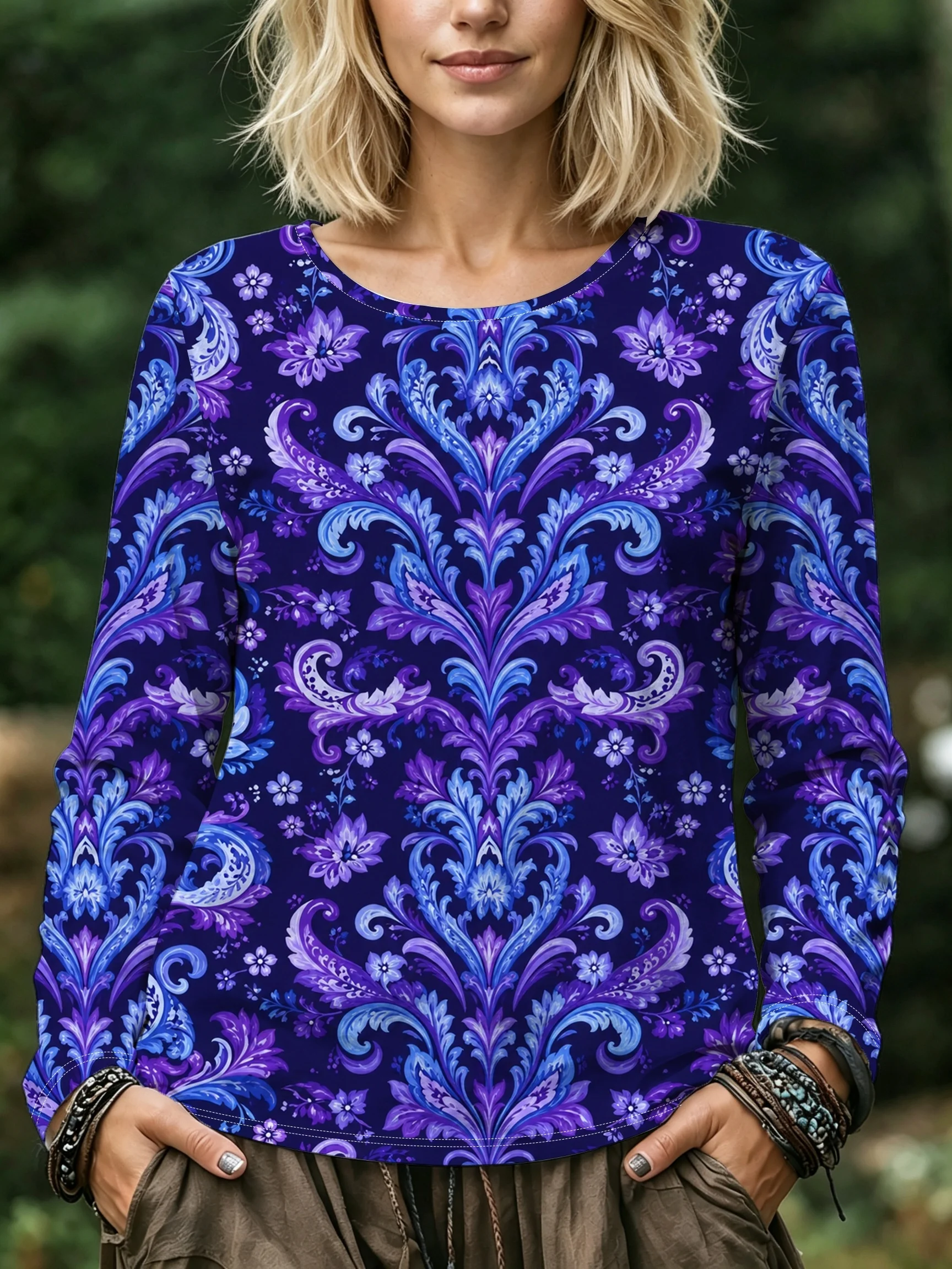 Women Blouse Purple Damask Floral Print Round Neck Long Sleeve Pocket Casual Loose Tops Women's Clothes