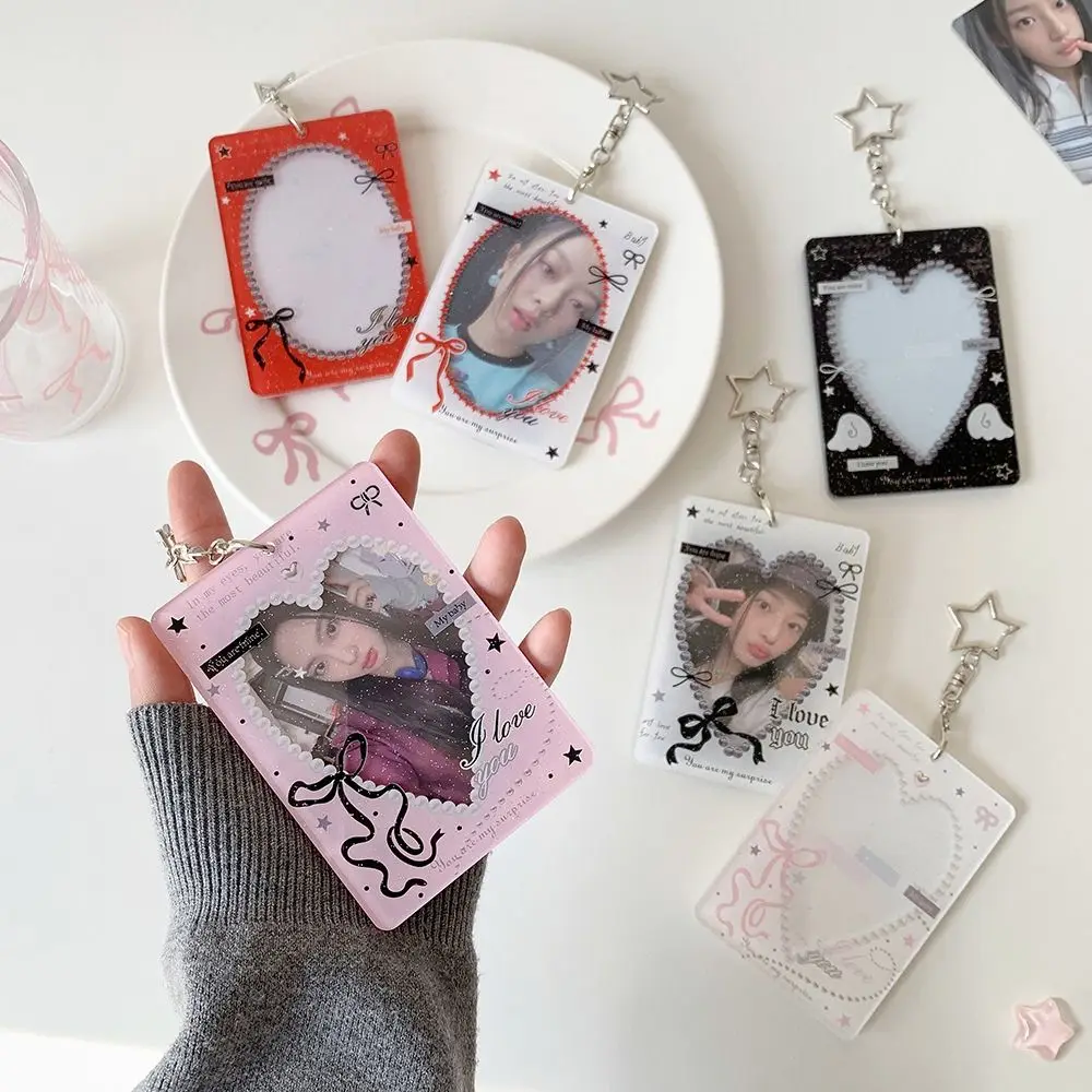

Cute Bow Design Card Sleeve Keychain Transparent DIY Design Card Cover Bag Pendant Photocard Holder
