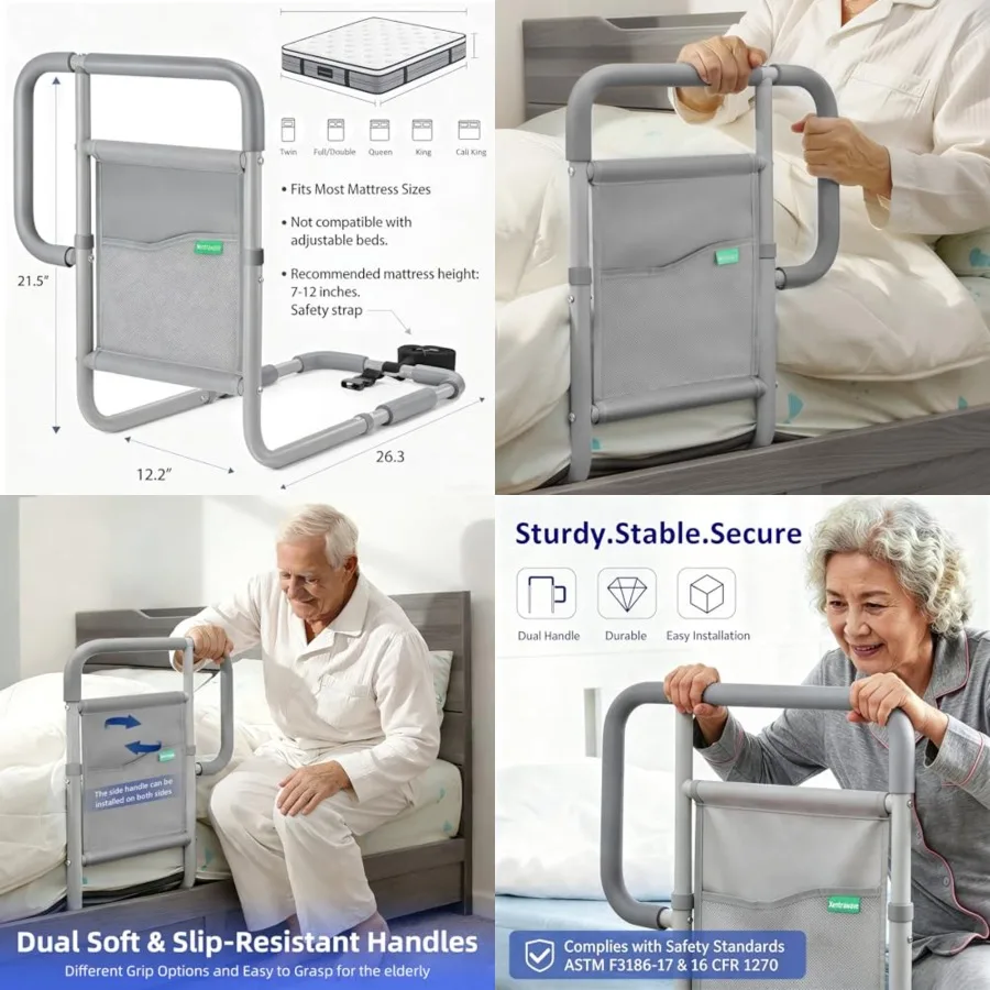 

Bed Rails for Elderly Adults, ASTM Approved Bed Assist Rail with Dual Non-Slip Handles for Easily Getting in and Out of Bed, St