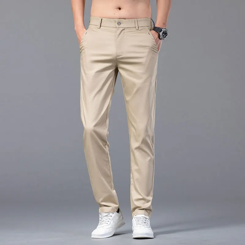 2024 Summer Men's Bamboo Fiber Thin Casual Pants Classic Business Fashion Regular Fit Stretch Soft Trousers Male Brand Clothes