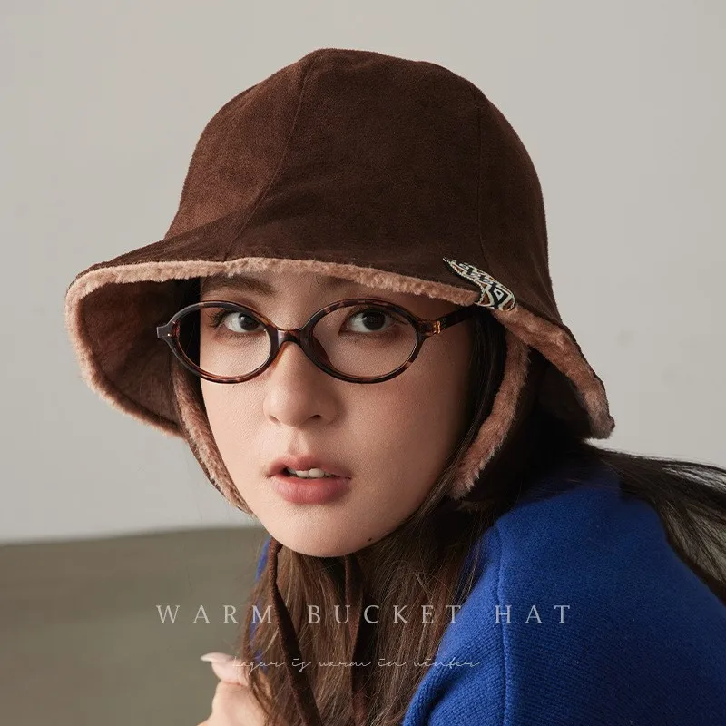 Thickened ear-protecting fisherman's hat with straps for windproof and warmth new style of women's basin