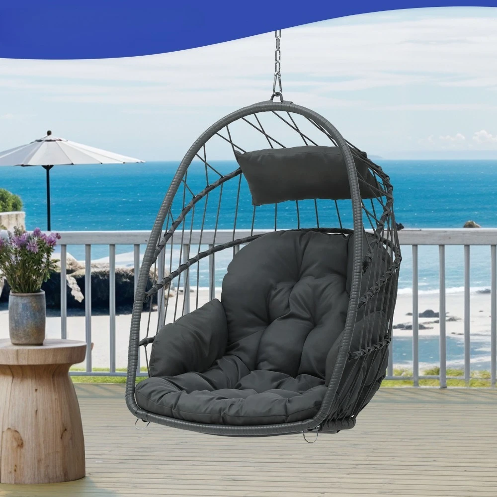 

Rattan Hanging Egg Chair Iron Sturdy Steel Frame w/Cushion for Patio Garden