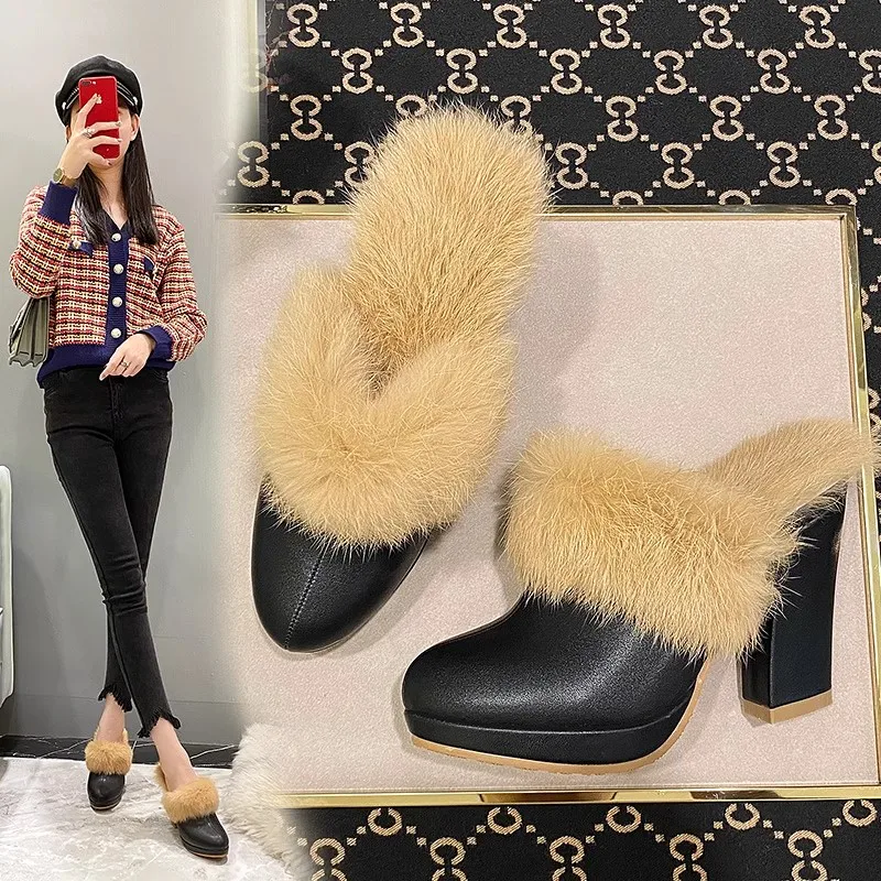 Baotou Fur High Heel Slippers New Winter Luxury Design Rabbit Hair Fashion Thick Heel Waterproof Platform Heel Shoes Female