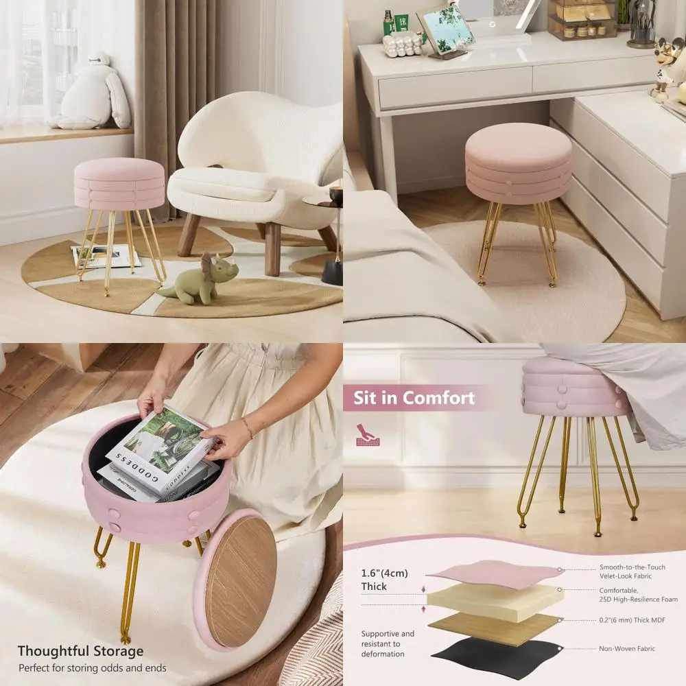

Розовый бархатный туалетный столик с 4 металлическими ножками, противоскользящее, мягкое сиденье с меховой подкладкой, современный дизайн для макияжа и спальни