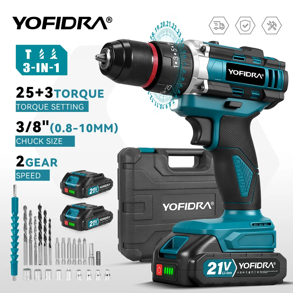 YOFIDRA perceuse à percussion électrique 25 + 3 couple portable sans fil 3IN1 perceuse à percussion outil électrique pour le travail du bois pour Makita 21V batterie broche
