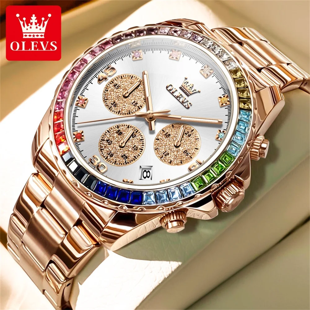 OLEVS 2939 Top-Marken-Quarzuhren für Herren, Regenbogen-Edelsteinlünette, Chronograph, Kalender, Sport, Business, Herren-Armbanduhr