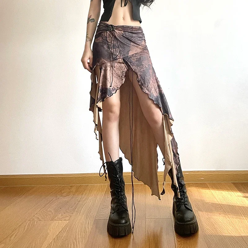 

New Summer Harajuku Rock Splicing Irregular Lace Up Split Skirts Japanese Punk High Waist Brown Fashion Long Skirt Hot Girl