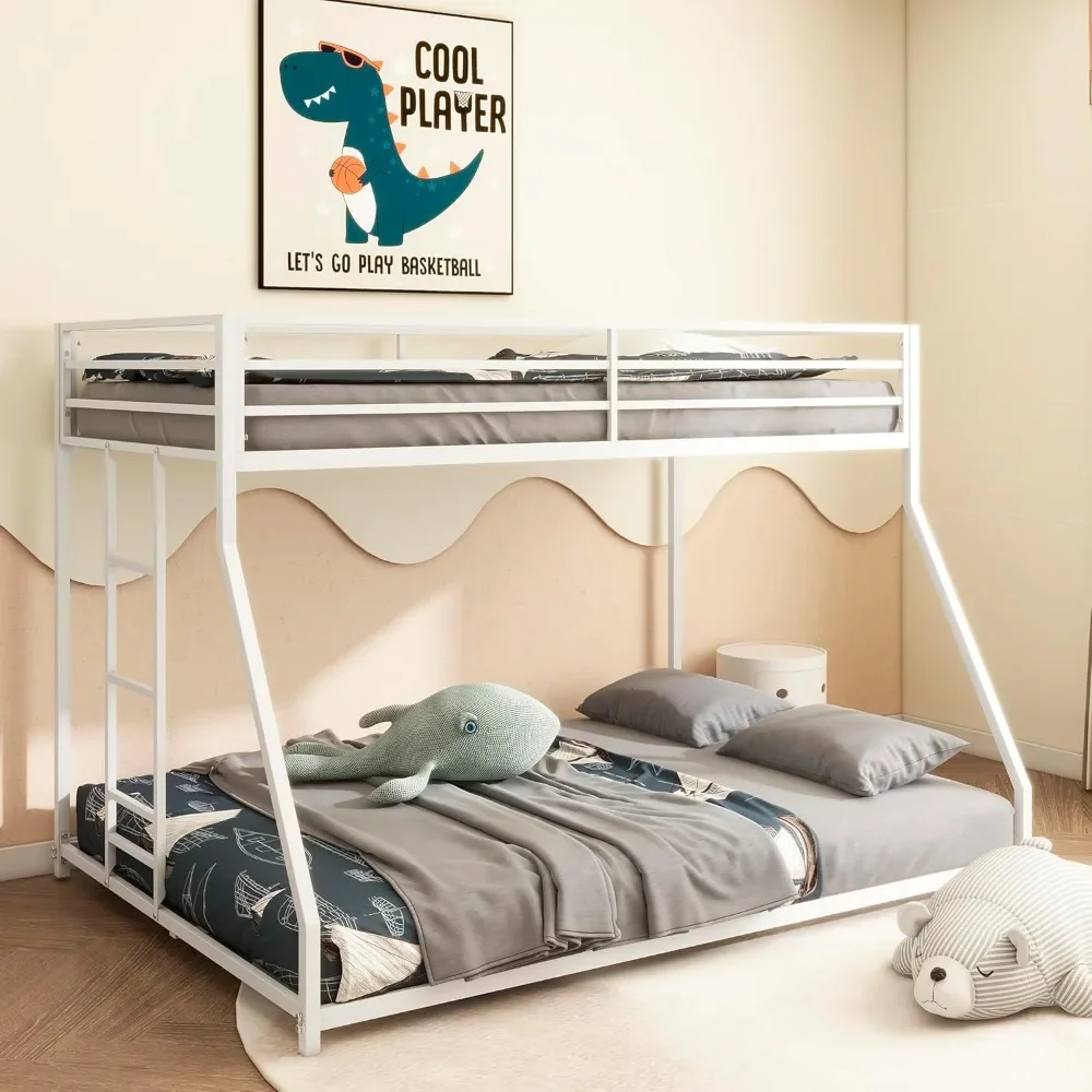 bed，Metal Bunk Bed, Twin Over Full Size Beds with Sturdy Guard Rail & Removable Ladder, Space-Saving/Noise-Free (White)